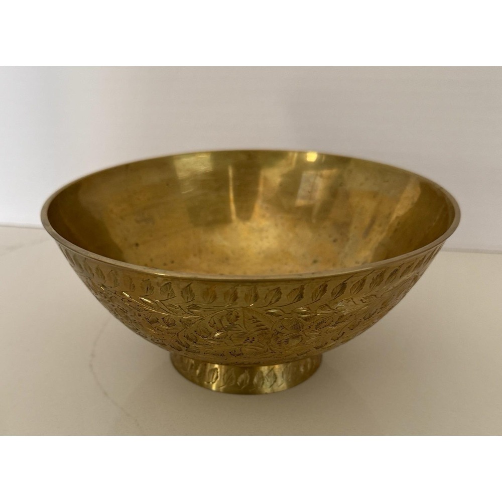 Vintage 1970s Indian Brass Pedestal Bowl, Hand Etched Floral Footed Dish Boho